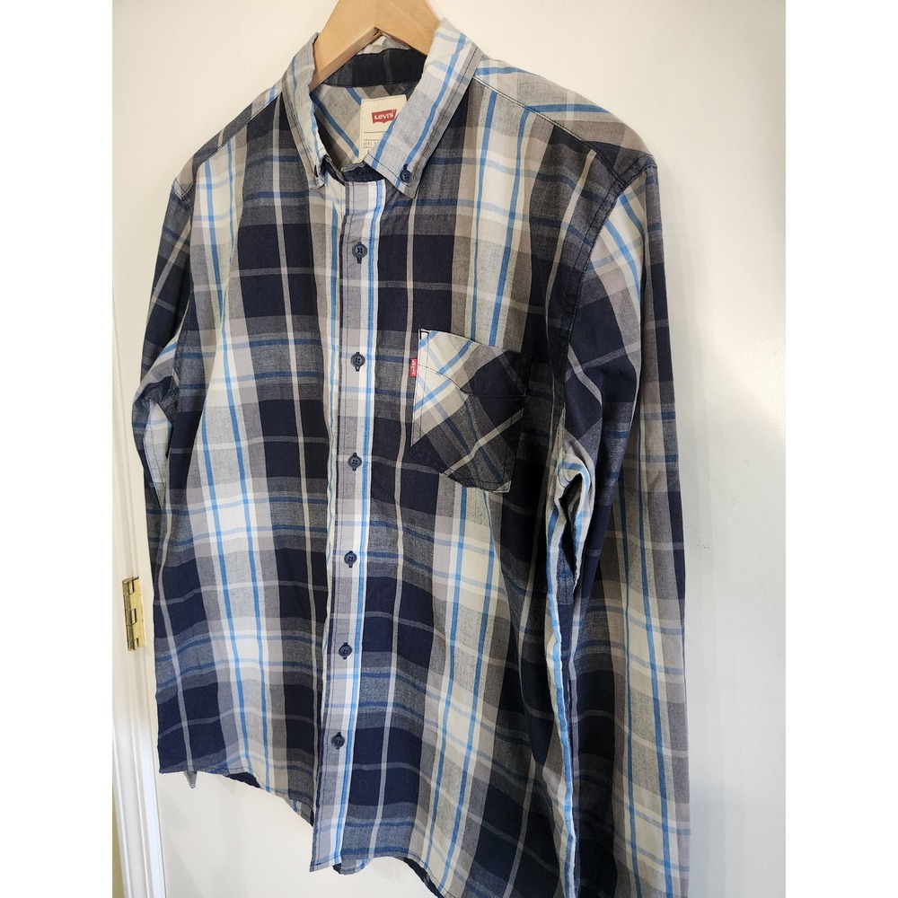 Levis Mens M blue gray plaid long sleeve button down casual‎ shirt - Picture 2 of 12